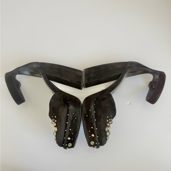 Prada Black Suede Leather Rhinestone embellished ankle strap chunky heel sandals - Picture 4 of 11